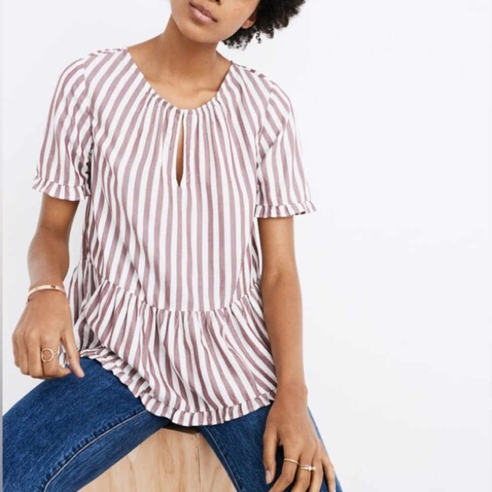 Madewell Stanza Ruffle Hem Top Small Striped Short Sleeve Peplum Preppy Cottage - Picture 5 of 12